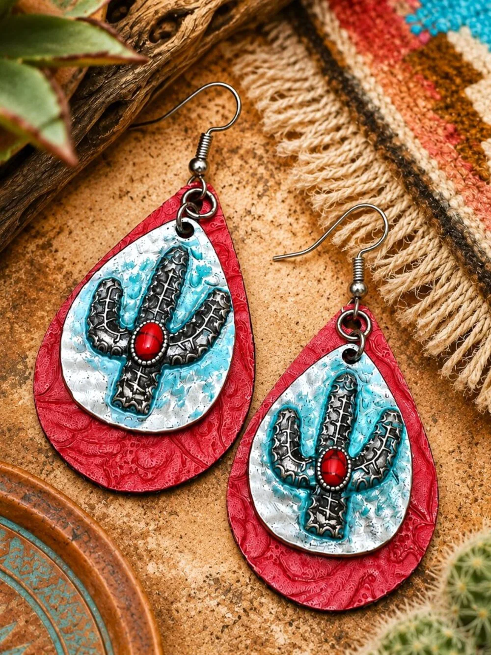 Southwestern Cactus Earrings Red Embossed Teardrop Silver Turquoise Boho Western